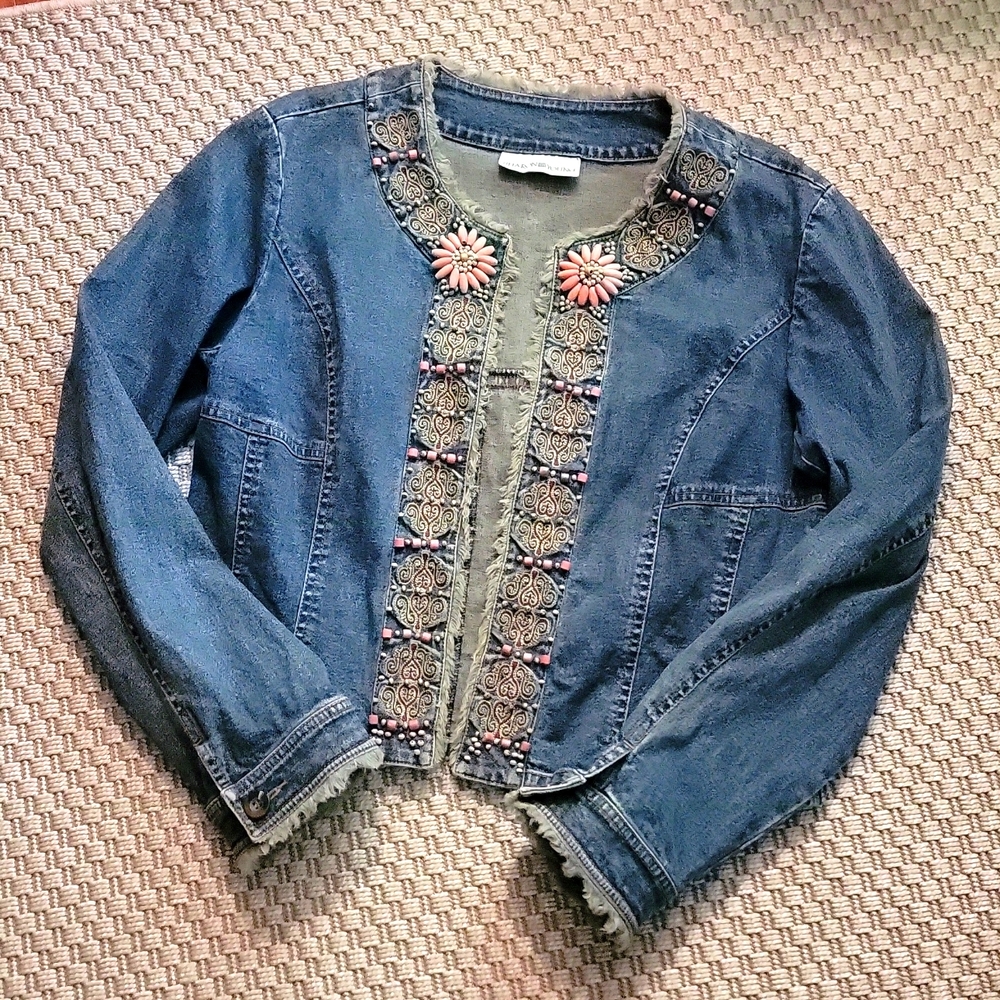 Vintage Sharon Young Embroidered Denim Jean Blazer Jacket